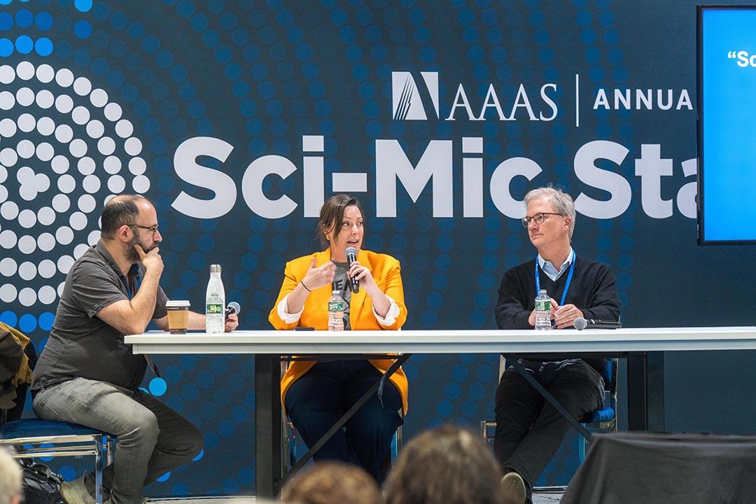 GW’s David Karpf, Rebekah Tromble and Holden Thorp on the Sci-Mic Stage at the 2025 AAAS Annual Meeting. (Robb Cohen Photography & Video)
