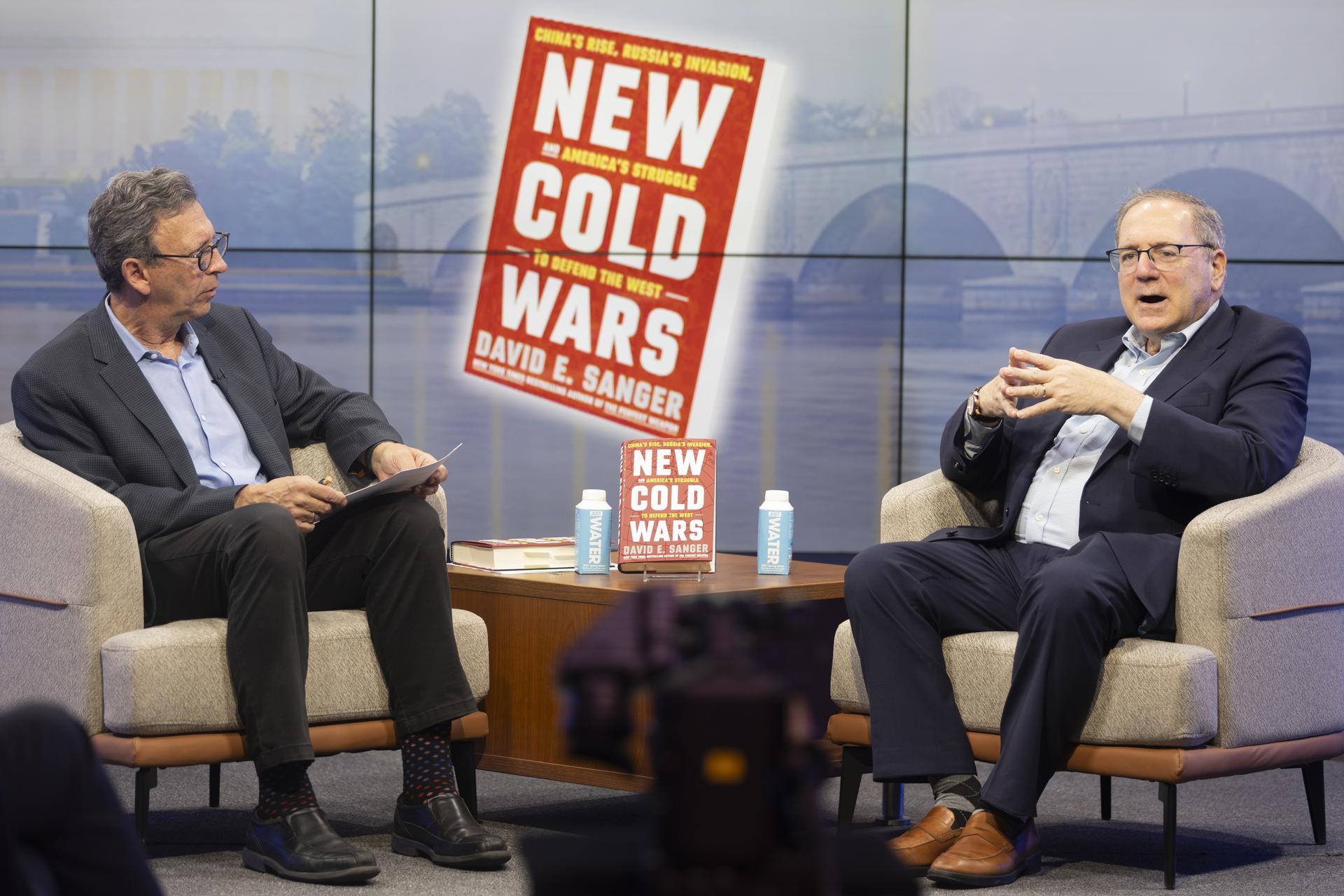Frank Sesno (left) and David Sanger discussed changes in the United States’ role in global politics under the Trump administration.