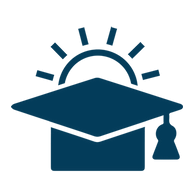An illustration of a graduation cap with a sun rising behind it