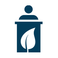 An illustration of a person at a podium with a leaf design indicating environmental issues