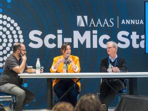 GW’s David Karpf, Rebekah Tromble and Holden Thorp on the Sci-Mic Stage at the 2025 AAAS Annual Meeting. (Robb Cohen Photography & Video)