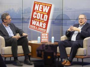 Frank Sesno (left) and David Sanger discussed changes in the United States’ role in global politics under the Trump administration.