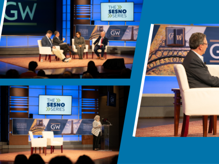 Sesno Series hero image with photos of President Granberg, Frank Sesno, and Spencer J. Cox