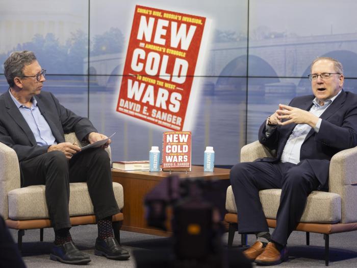 Frank Sesno (left) and David Sanger discussed changes in the United States’ role in global politics under the Trump administration.
