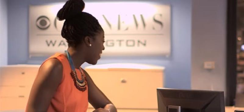 A woman is seen in the CBS News Washington building