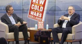Frank Sesno (left) and David Sanger discussed changes in the United States’ role in global politics under the Trump administration.